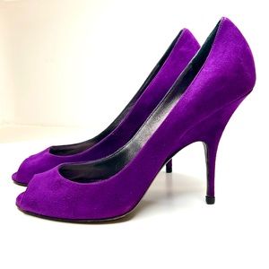 Donna Karan Collection - Purple suede 4” open toe pumps, size 9